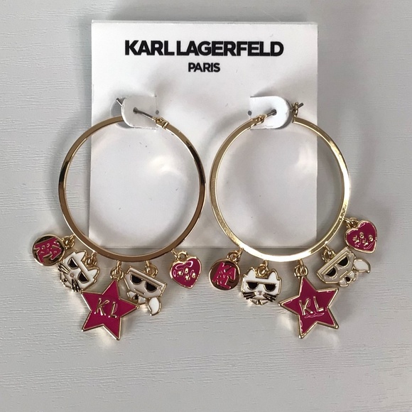 New Karl Lagerfeld Paris Gold-Tone Mixed Charm Hoop Earrings - Picture 1 of 8